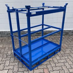 stackable rack with metal sheet platform, three sides, skids and dividers