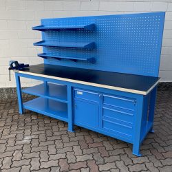 work-bench with rubber platform, tool panel, removable shelves, drawers, locker and vice